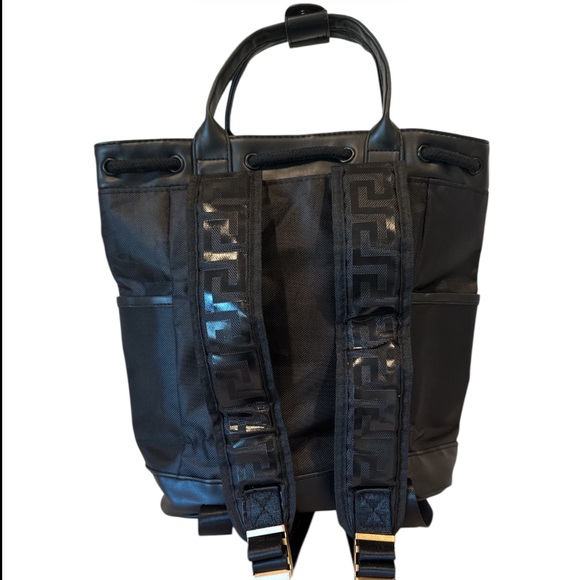 Versace Parfums Black Nylon Backpack Gold Logo Greek Key Straps NWOT - Picture 3 of 16